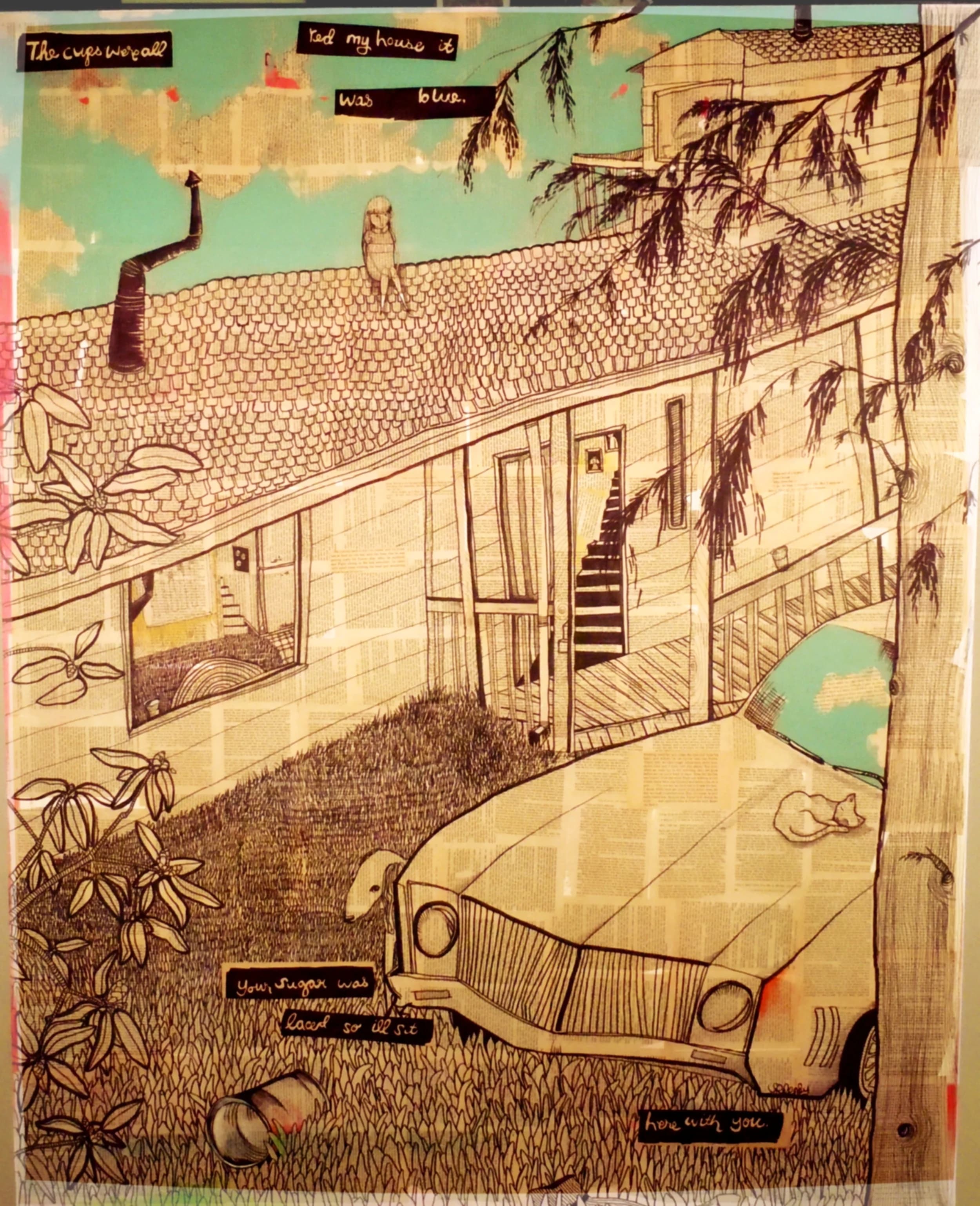 Blue House — Book pages, sharpie, acrylic on canvas