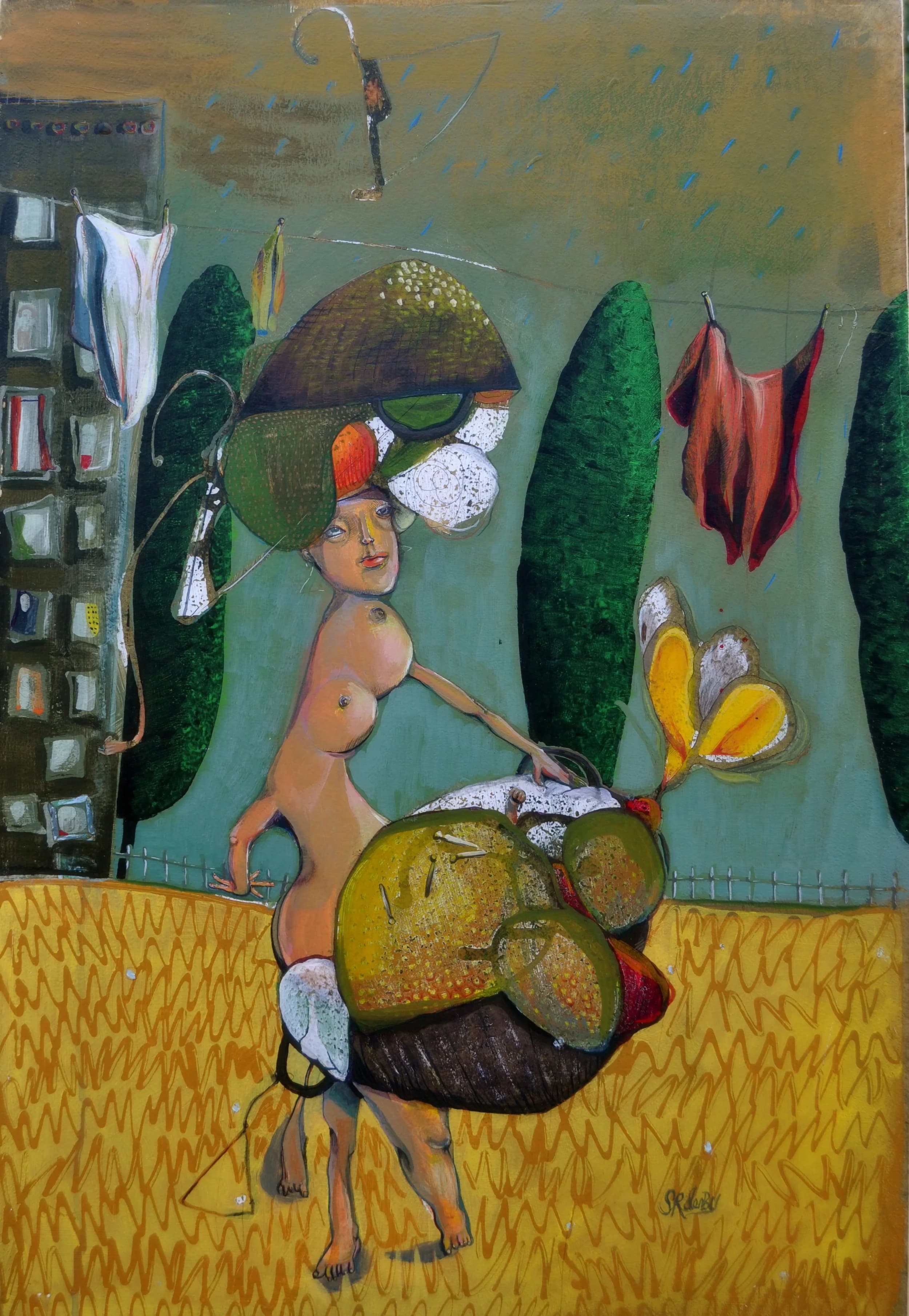 Gathering laundry before a shower — Acrylic on recycled giclee