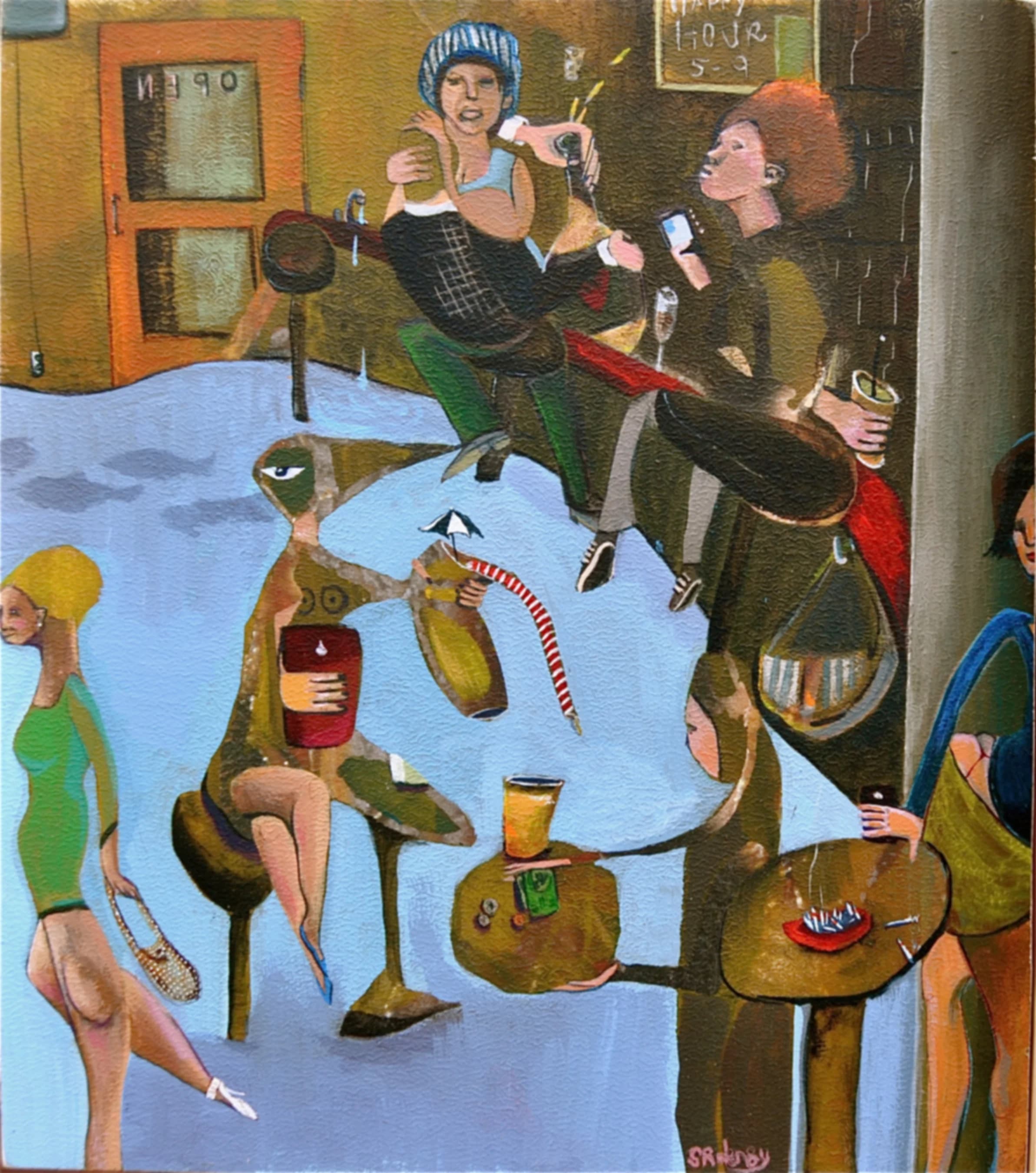 Happy Hour (dive bar selfie) — Acrylic on recycled giclee